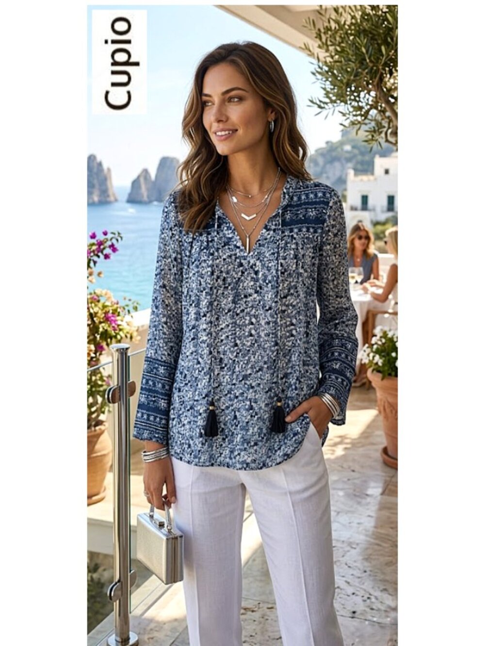 CUPIO - Boho blue and white print top